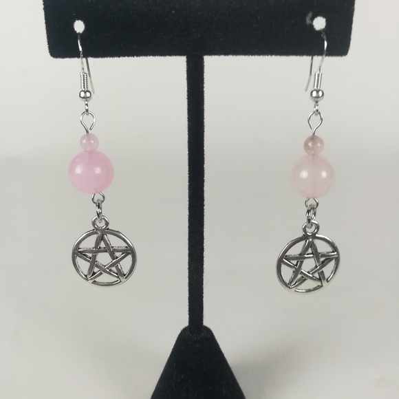 Rose Quartz pentacle earrings witchy new age pagan - Picture 2 of 3